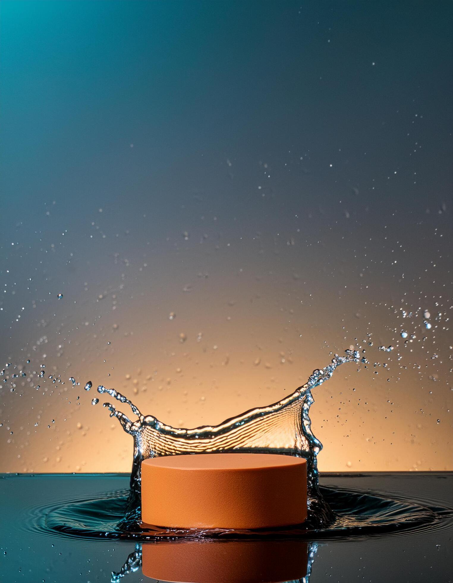 empty orange podium mockup with water splash on a gradient background for product display Stock Free