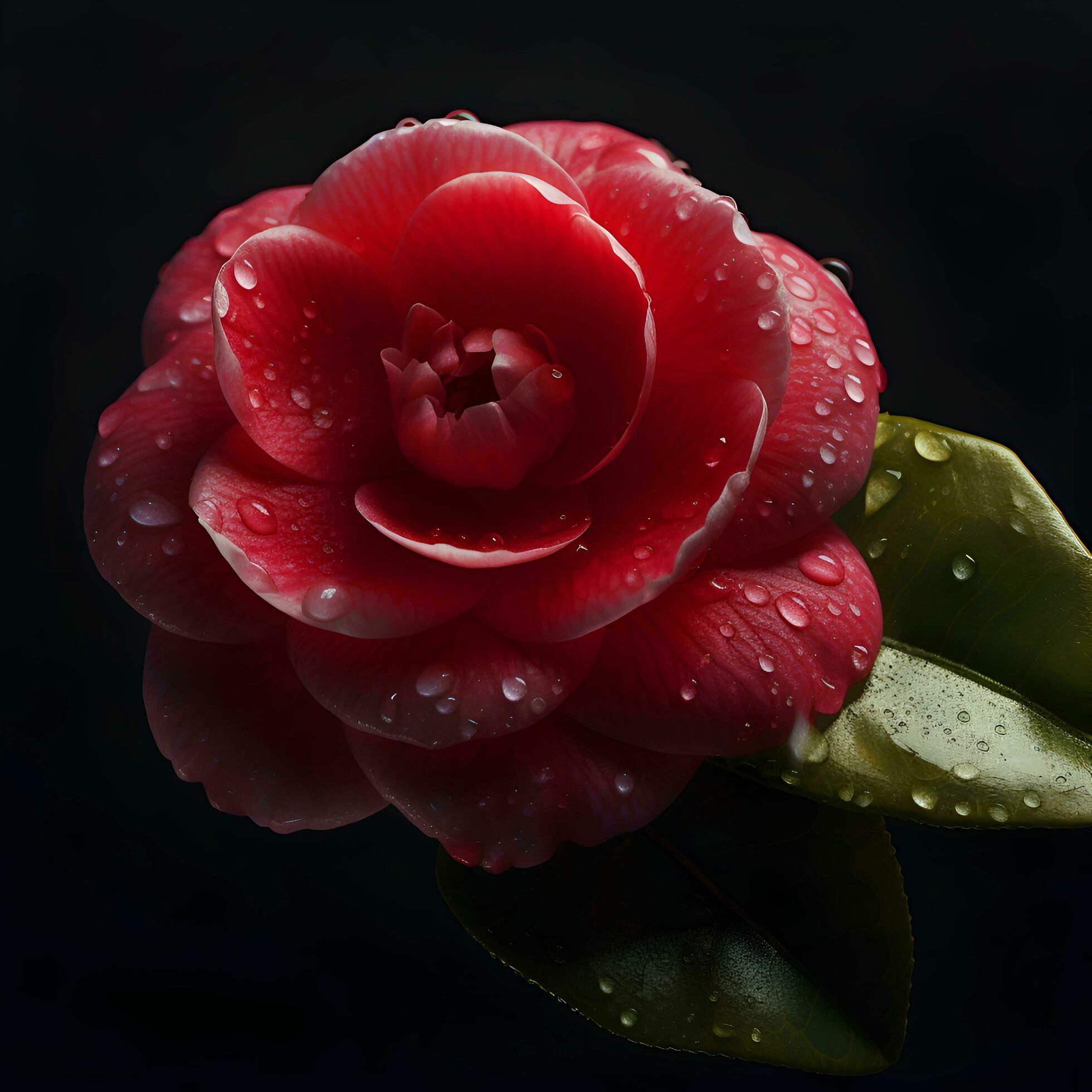 Red camellia flower with dew drops on black background. Stock Free