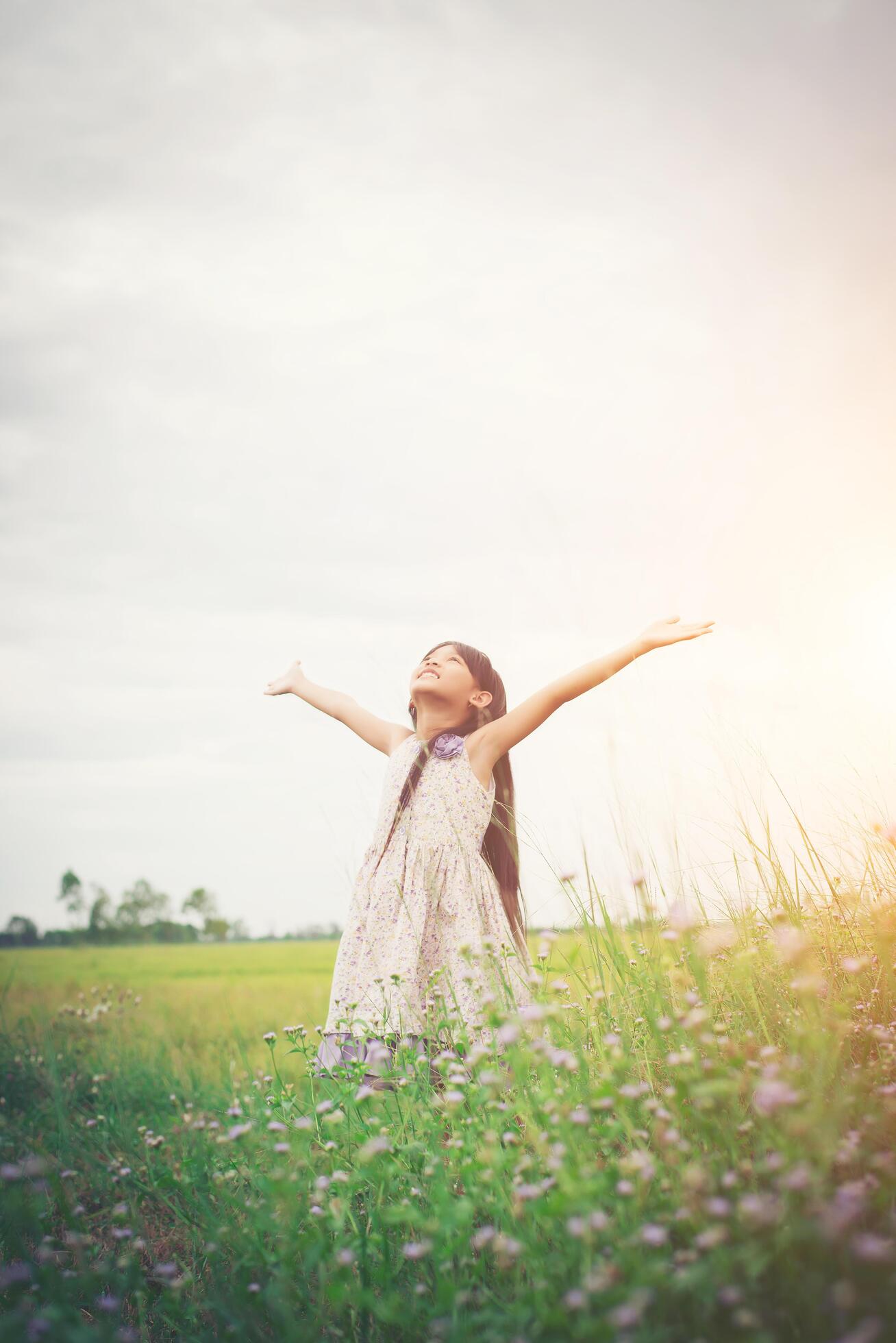 Little cute asian girl standing among the purple flower field sunshine day. Freedom enjoying with nature. Stock Free