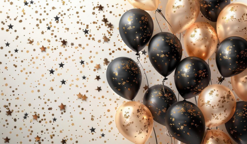 Black, Gold, and Silver Balloons With Confetti Stars on White Background Stock Free