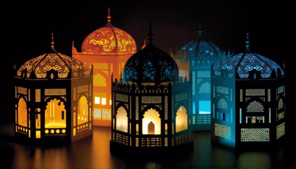 Ramadan night lanterns illuminate Arabic style minarets in celebration generated by AI Stock Free