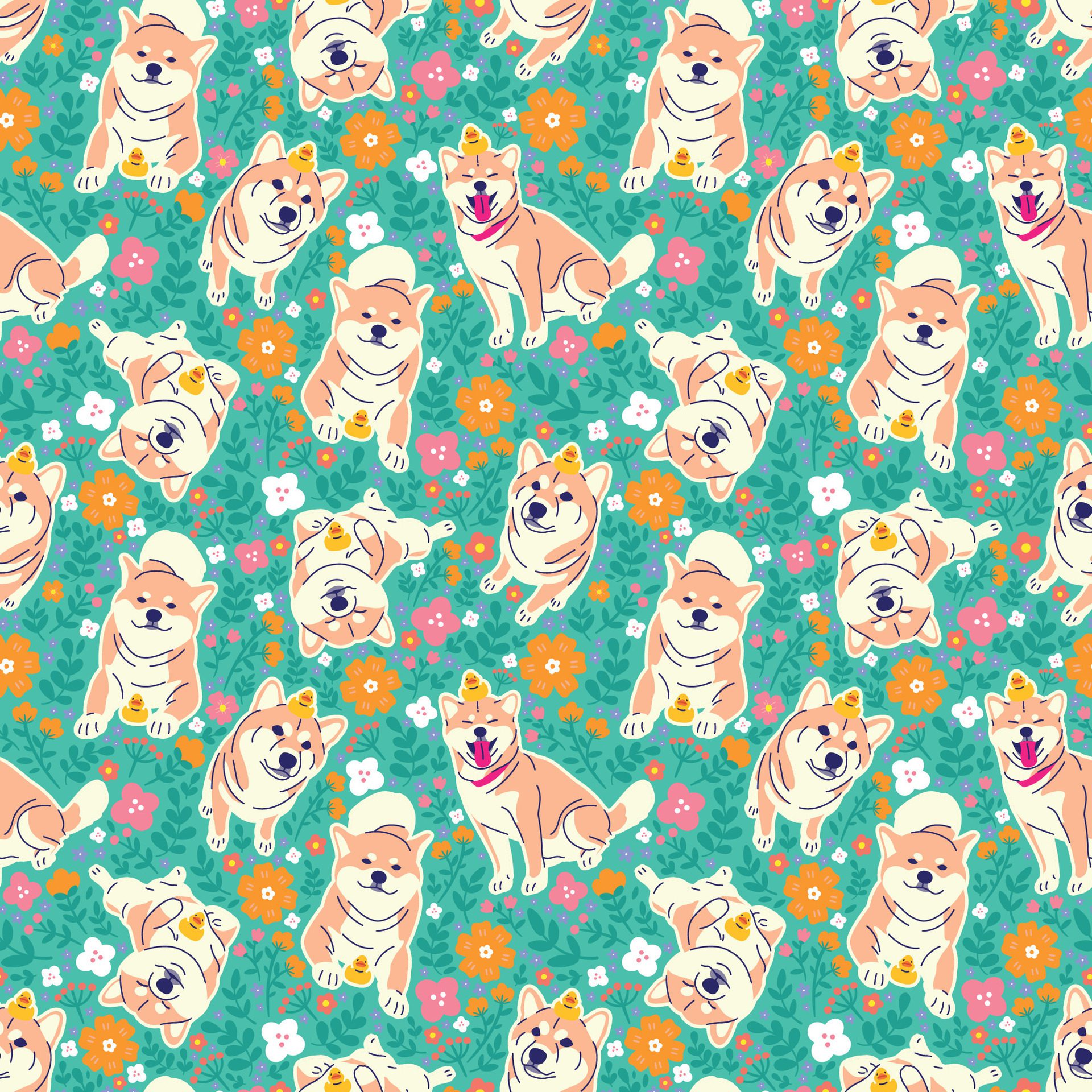 CUTE SHIBA INU IN SOME VARIOUS POSE WITH FLORAL SEAMLESS PATTERN Free Vector