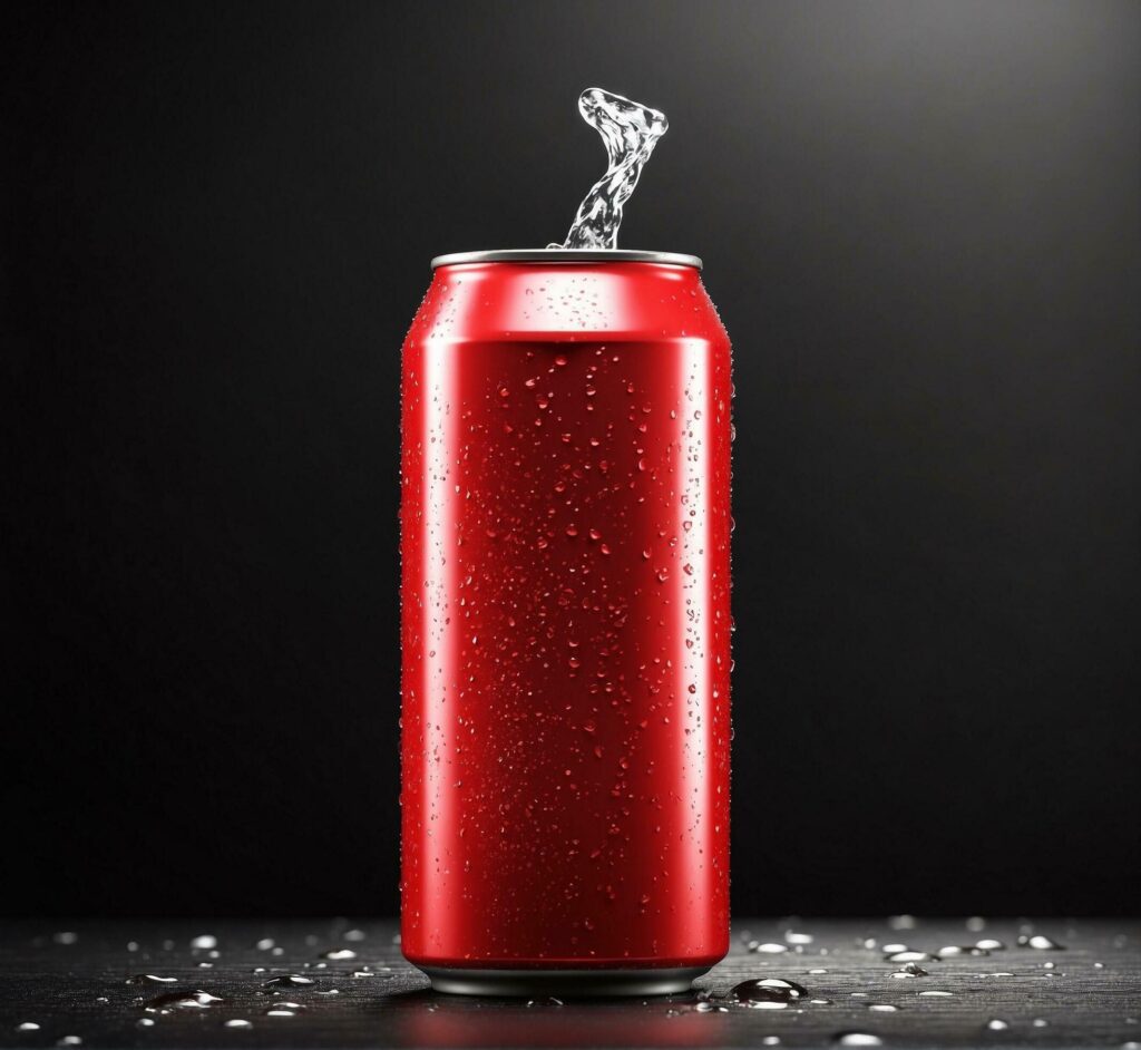 Red soda can with water drops on black background. 3d illustration Free Photo