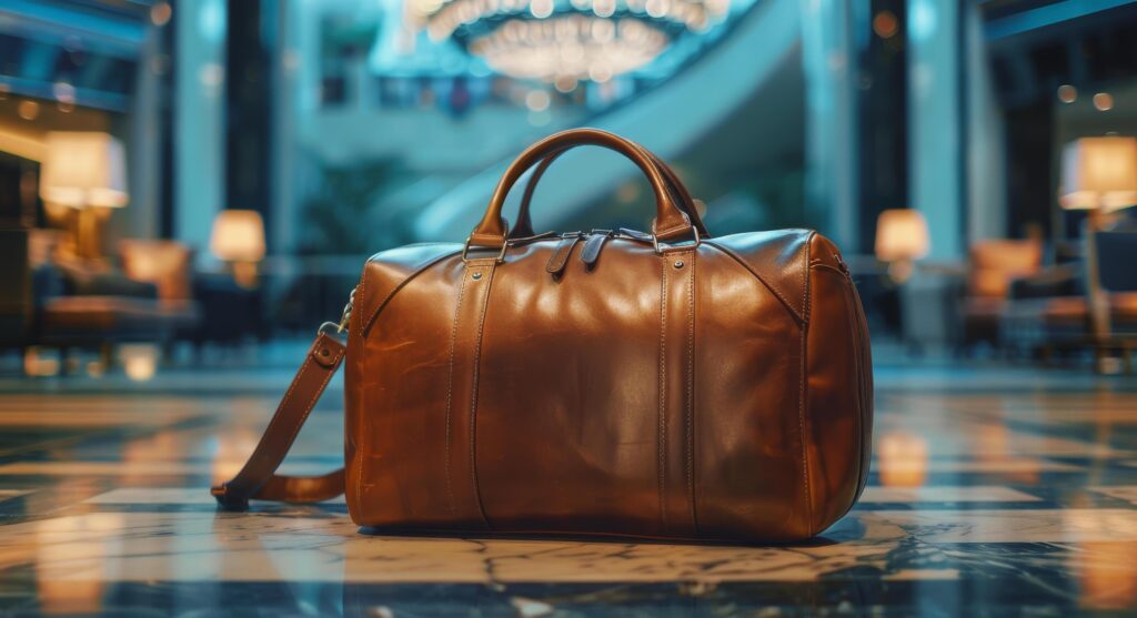 Brown Leather Travel Bag on Tiled Floor in Hotel Lobby Stock Free