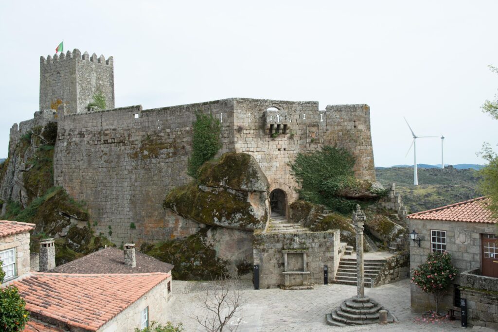 Wind power generation next to Sortelha castle Stock Free