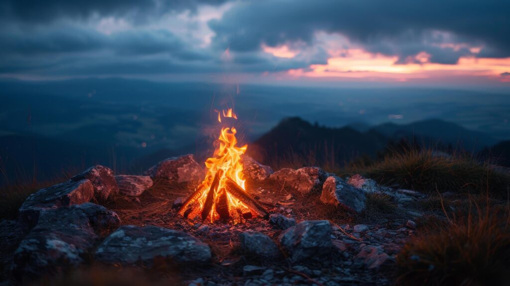 Fire Burning in Field With Mountains in Background Stock Free