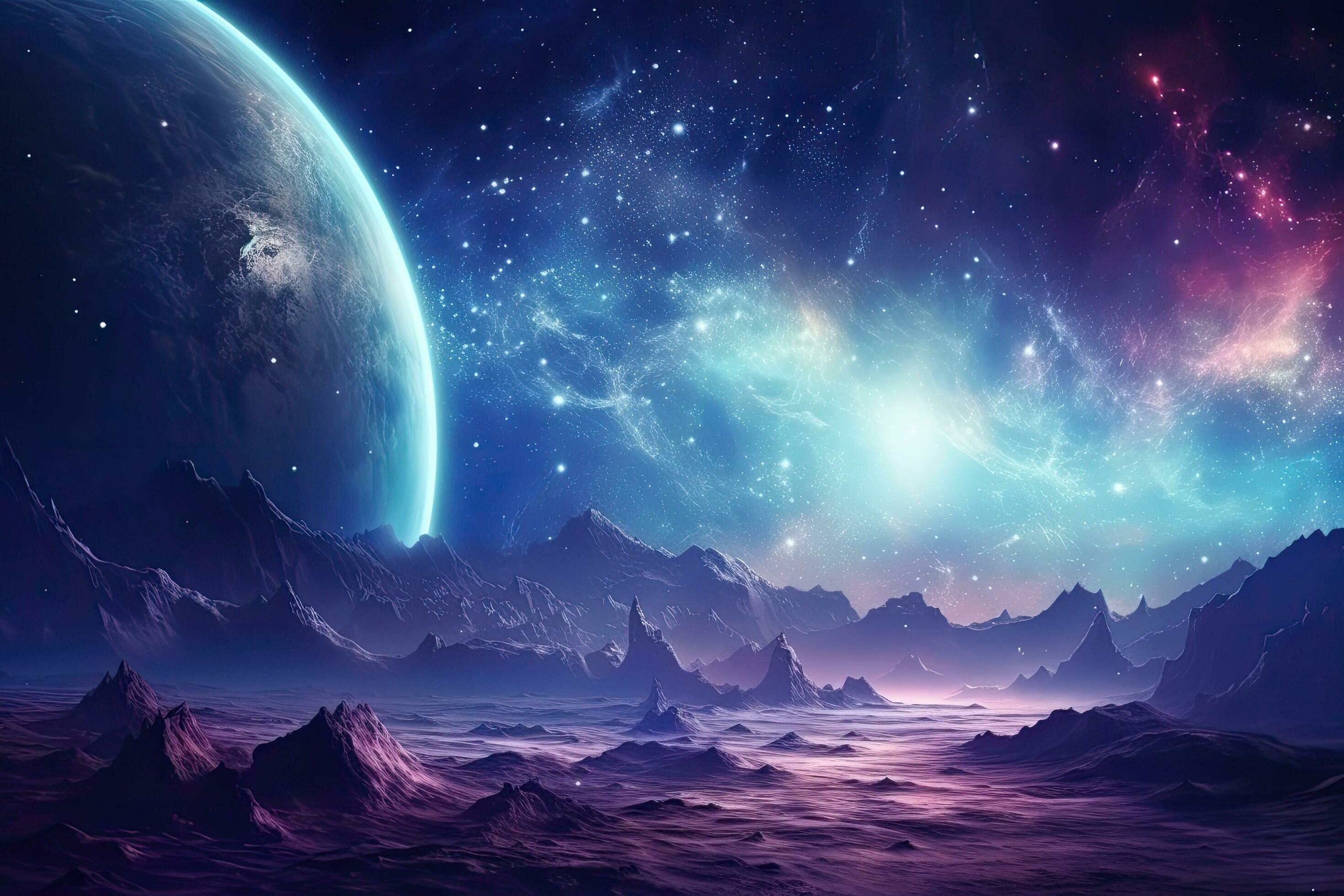 Fantasy alien planet. Mountain and nebula. 3D illustration, Planets and galaxy, science fiction wallpaper. Beauty of deep space, AI Generated Stock Free