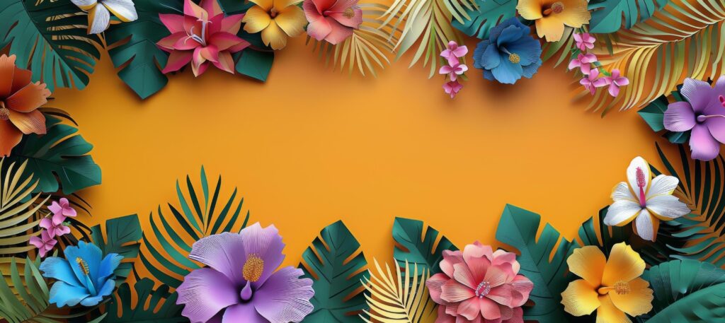 Colorful Paper Flowers and Leaves on an Orange Background Stock Free