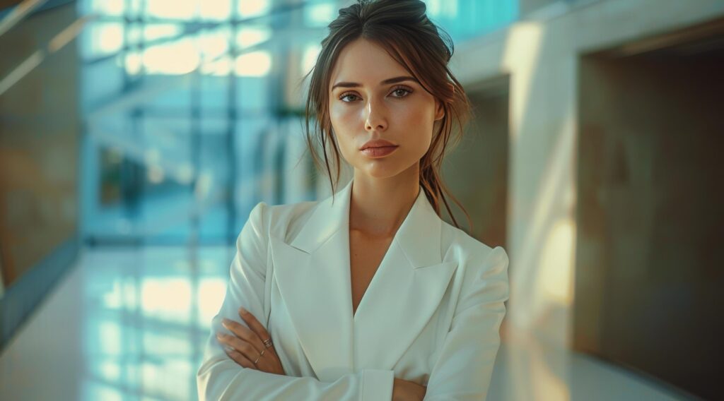 Woman in White Suit Standing in Office Stock Free