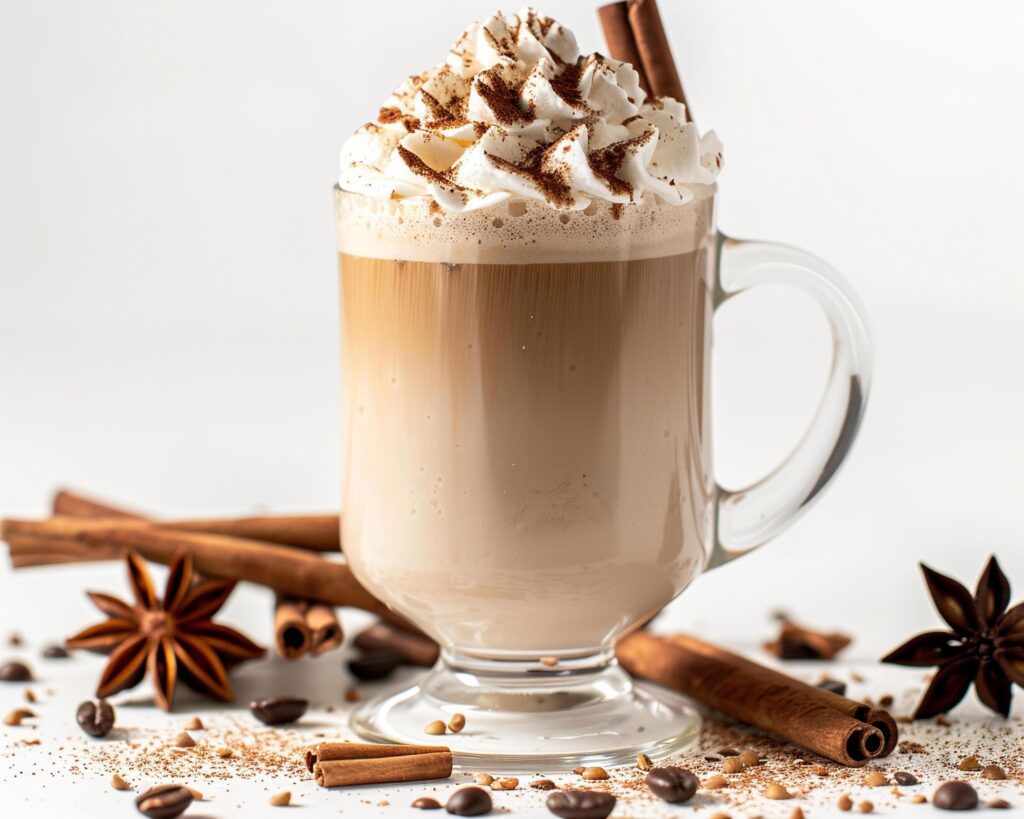 coffee latte with whipped cream and cinnamon on a white background Stock Free