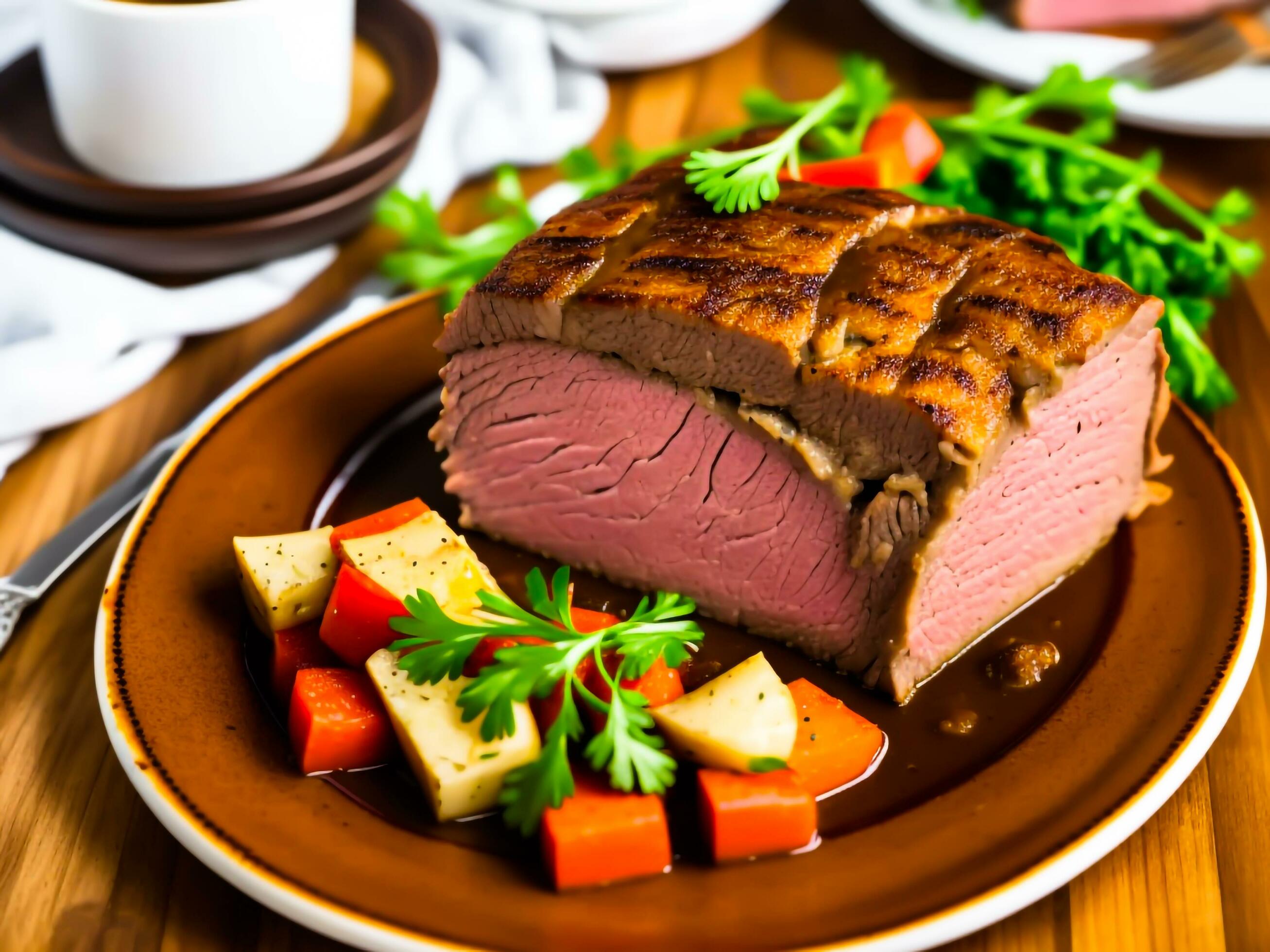 A plate of food with sliced roast beef. Ai generated Image. Stock Free