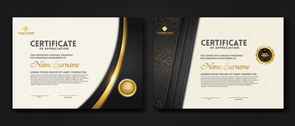 Luxury certificate template with glitter effect dan lines gold shine on frame background Free Vector