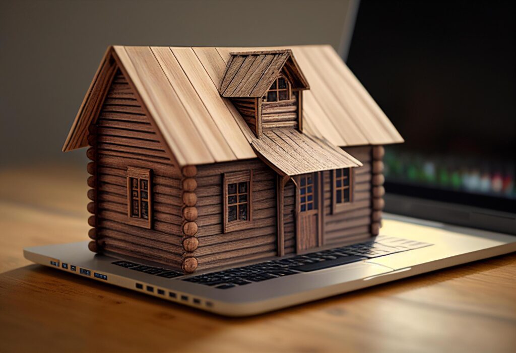 Real estate concept. Wooden house model on laptop screen. 3d illustration Stock Free