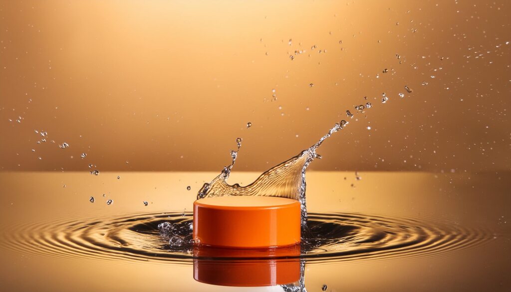 empty orange podium mockup with water splash on a gradient background for product display Stock Free