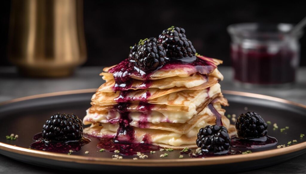 Freshly cooked pancakes with mixed berry sauce generated by AI Free Photo