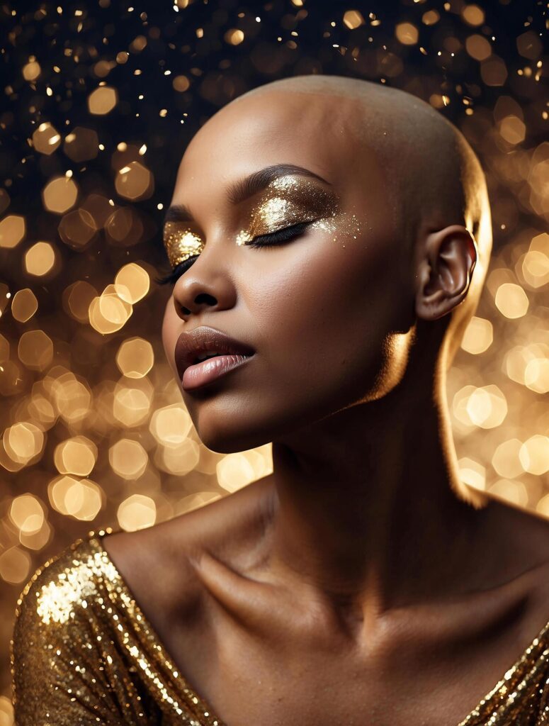 Bald black model with closed eyes, her eyelids and body shimmering with gold glitter makeup, on a beautiful shimmering bokeh background Stock Free