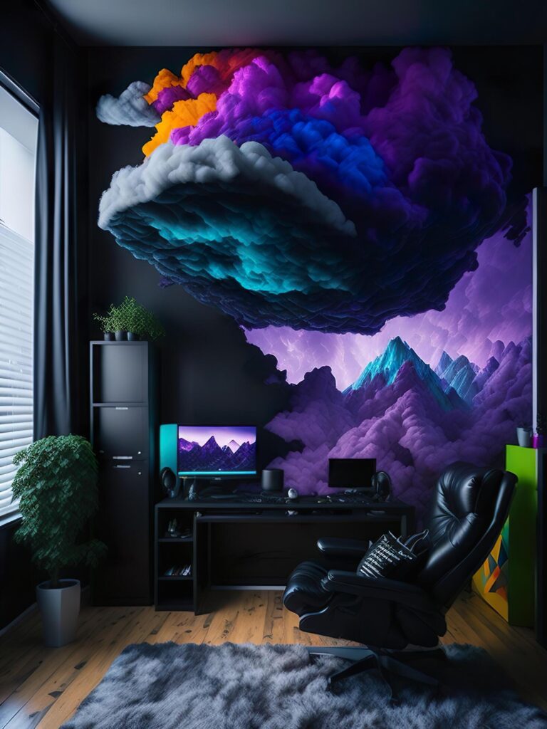 A gamer room setup with a colorful cloud ornament on the wall Stock Free