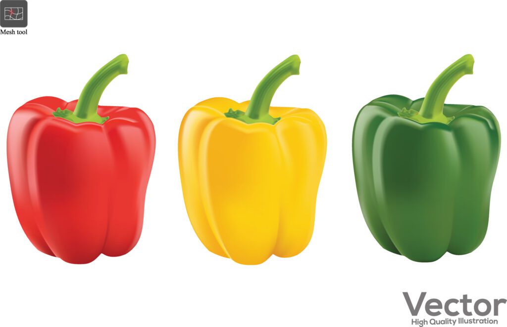 Three different colored and different types of sweet bell peppers and Fresh chilli pepper set on white background Free Vector