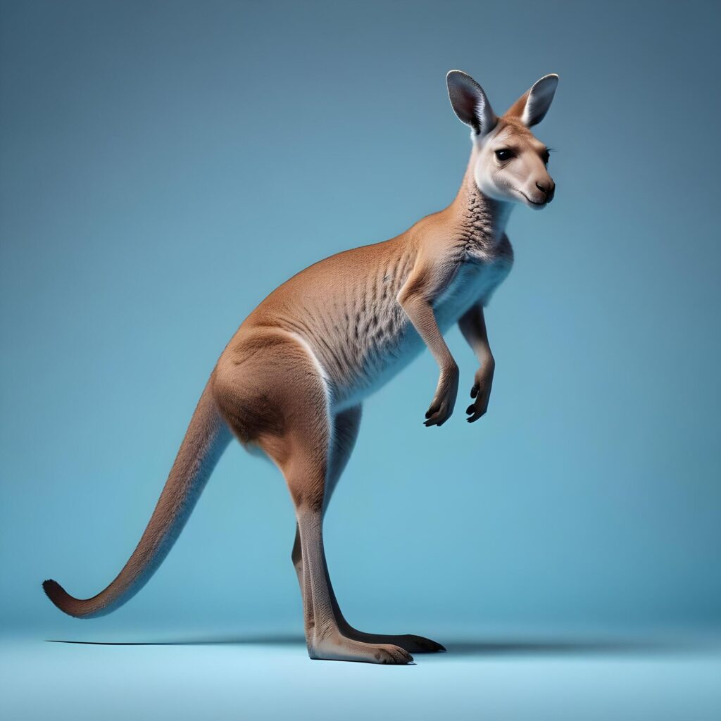 a kangaroo standing on its hind legs in front of a gray background Stock Free