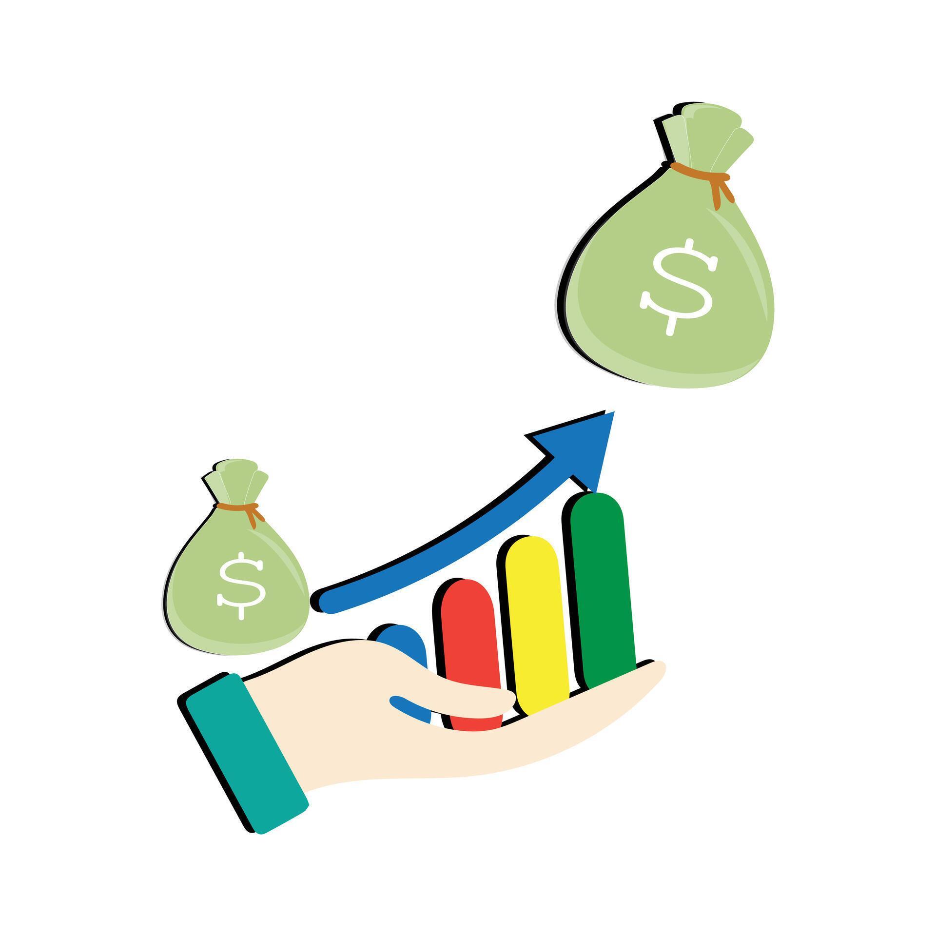 Money bag chart increase, business graph arrow up growth investment. Chart finance income increase growing. vector illustration flat design. Stock Free