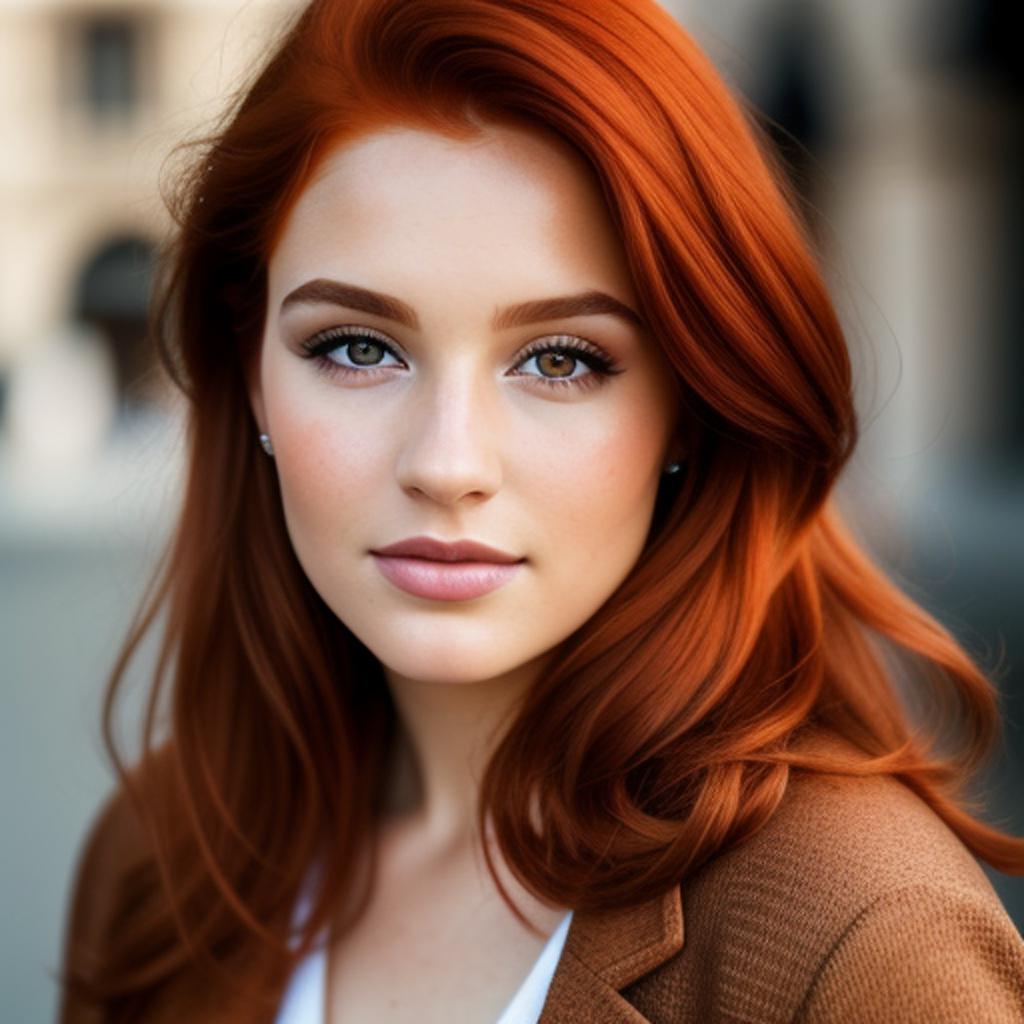 Redhead, brown eyes, hair, by @ai_generated