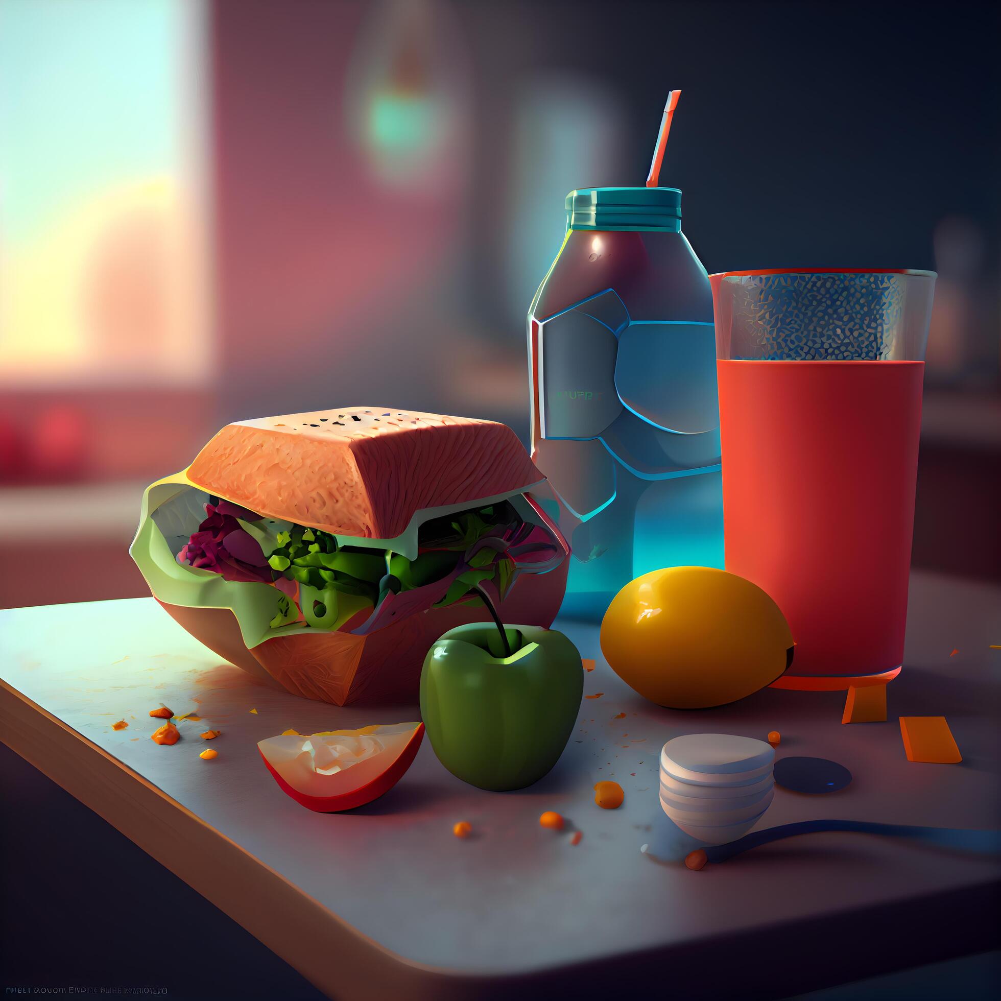 Fast food concept with hamburger, juice and fruit. 3d rendering, Image Stock Free