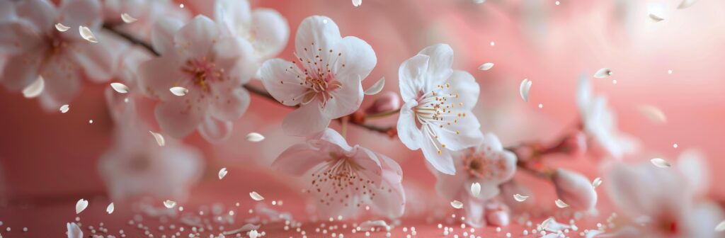 White Cherry Blossoms Falling on Pink Background Stock Free