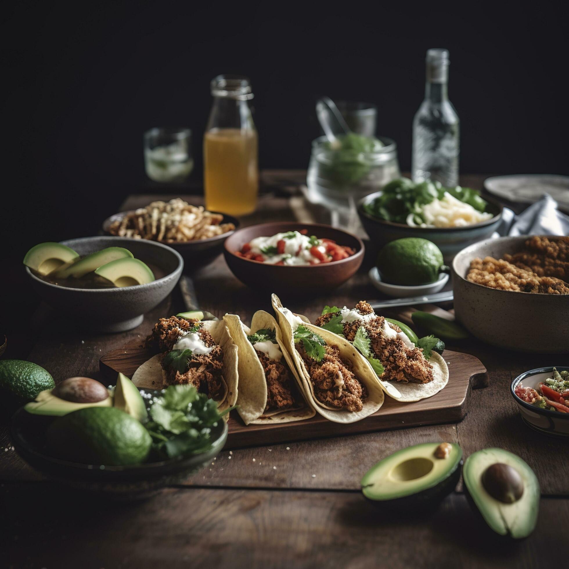 Mexican food corner border, top-down view over a dark banner background. Tacos, quesadilla, burritos and nachos. Copy space, generate ai Stock Free