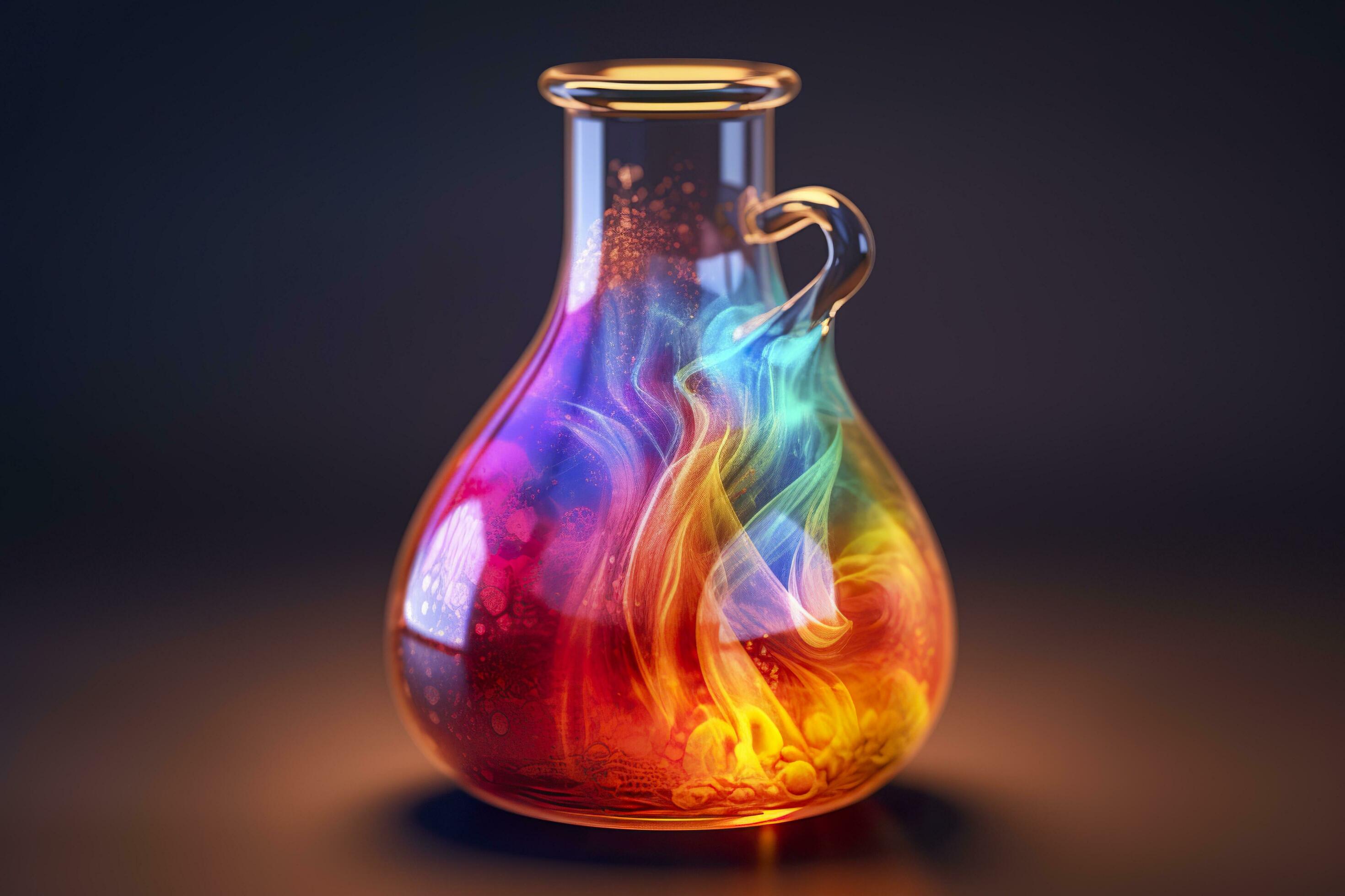 Close Up of a Science Beaker Filled with Multi Colored Liquids. AI Generative Stock Free