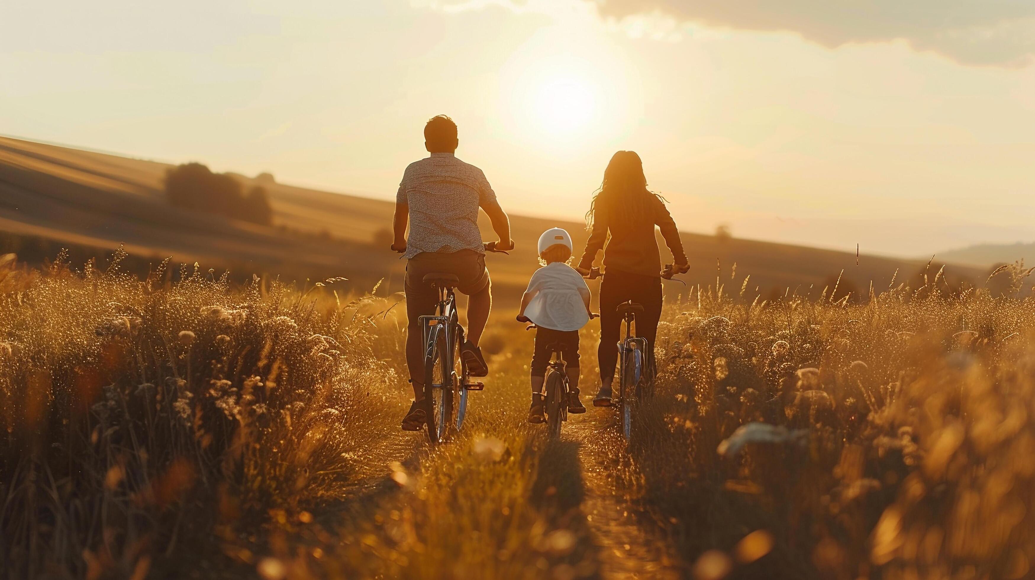 AI generated A happy family enjoying a bike ride together in the countryside Stock Free