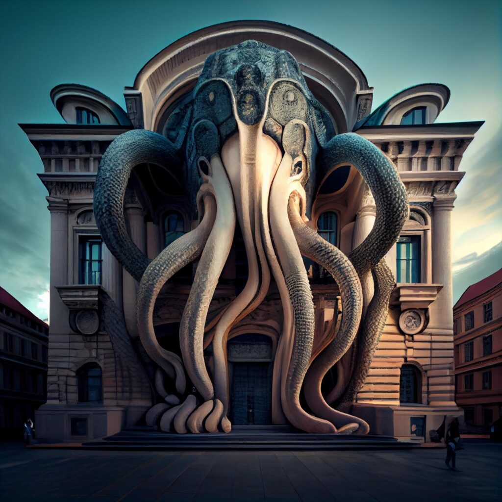 giant sculpture of an octopus in front of a building. Stock Free