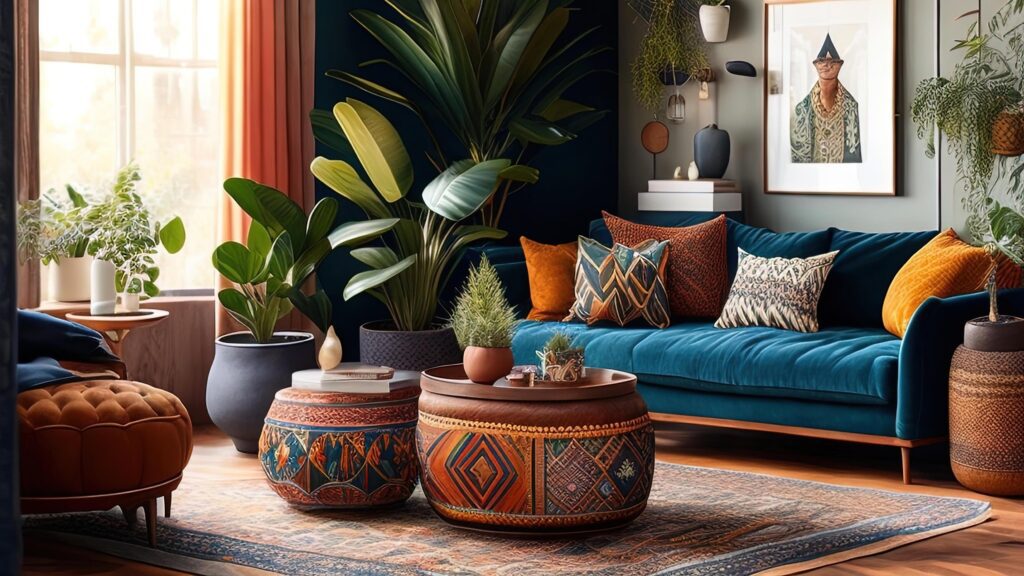 Interior of modern living room with blue sofa, plants and decoration. Stock Free