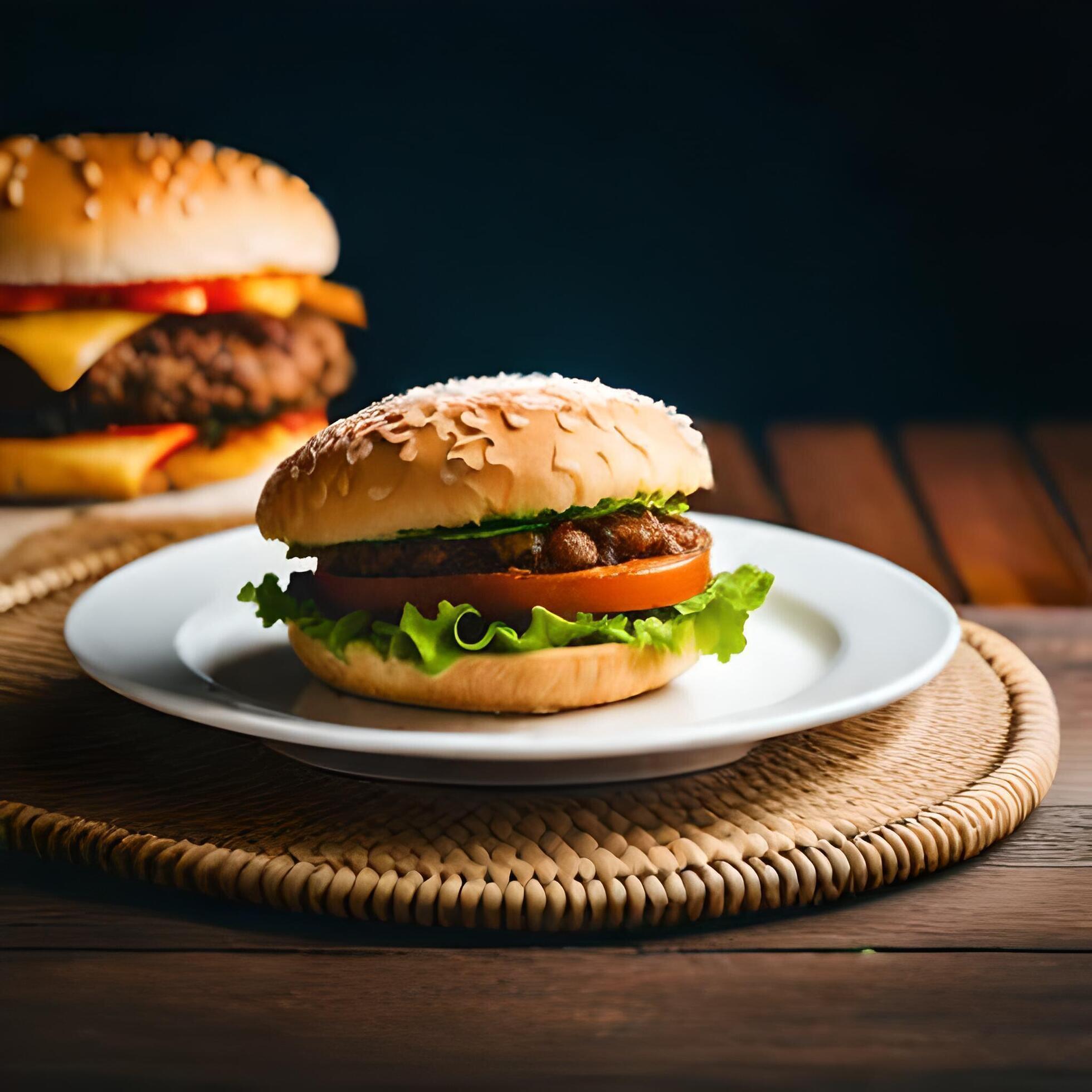 Juicy burger with fries and drink on a table new stock image quality food illustration desktop wallpaper. Stock Free