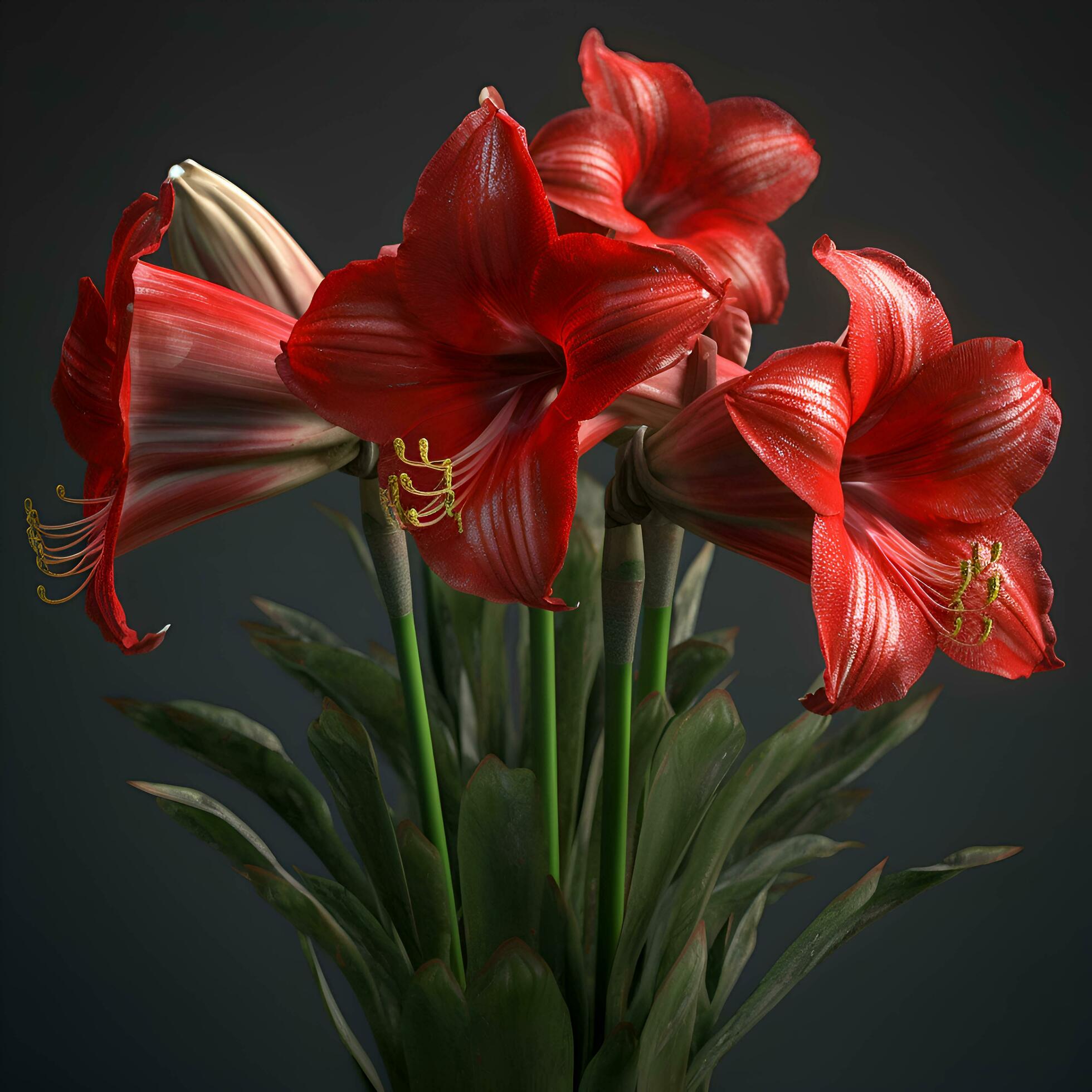 Beautiful red amaryllis flowers bouquet on dark background Stock Free