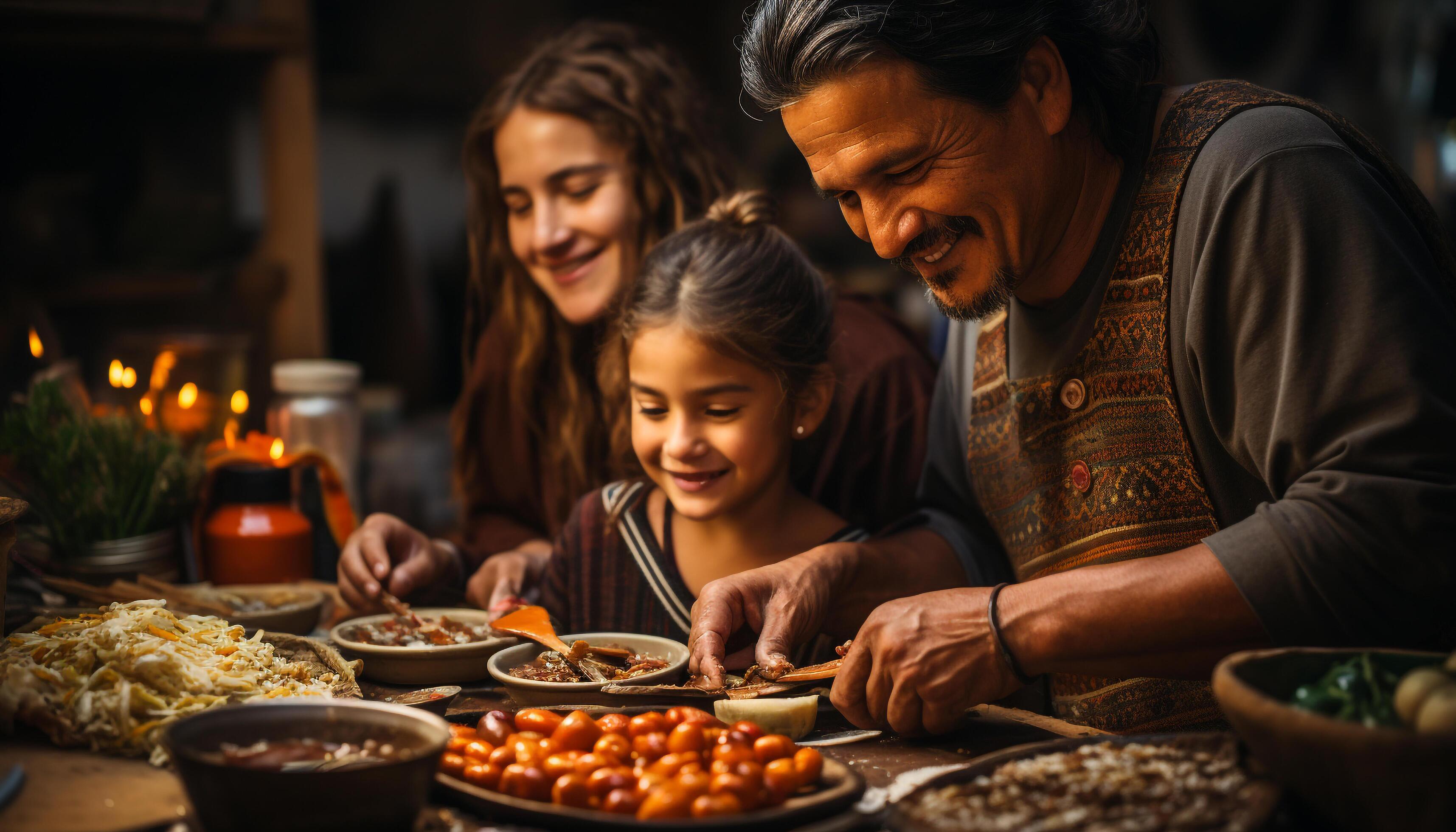 AI generated Family smiling, bonding, enjoying a festive meal in cozy kitchen generated by AI Stock Free