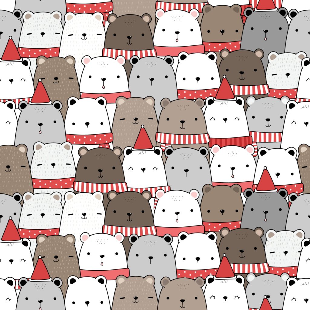 Cute teddy bear and polar bear cartoon doodle seamless pattern Free Vector