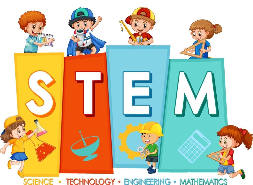 STEM education logo with many children on white background Stock Free