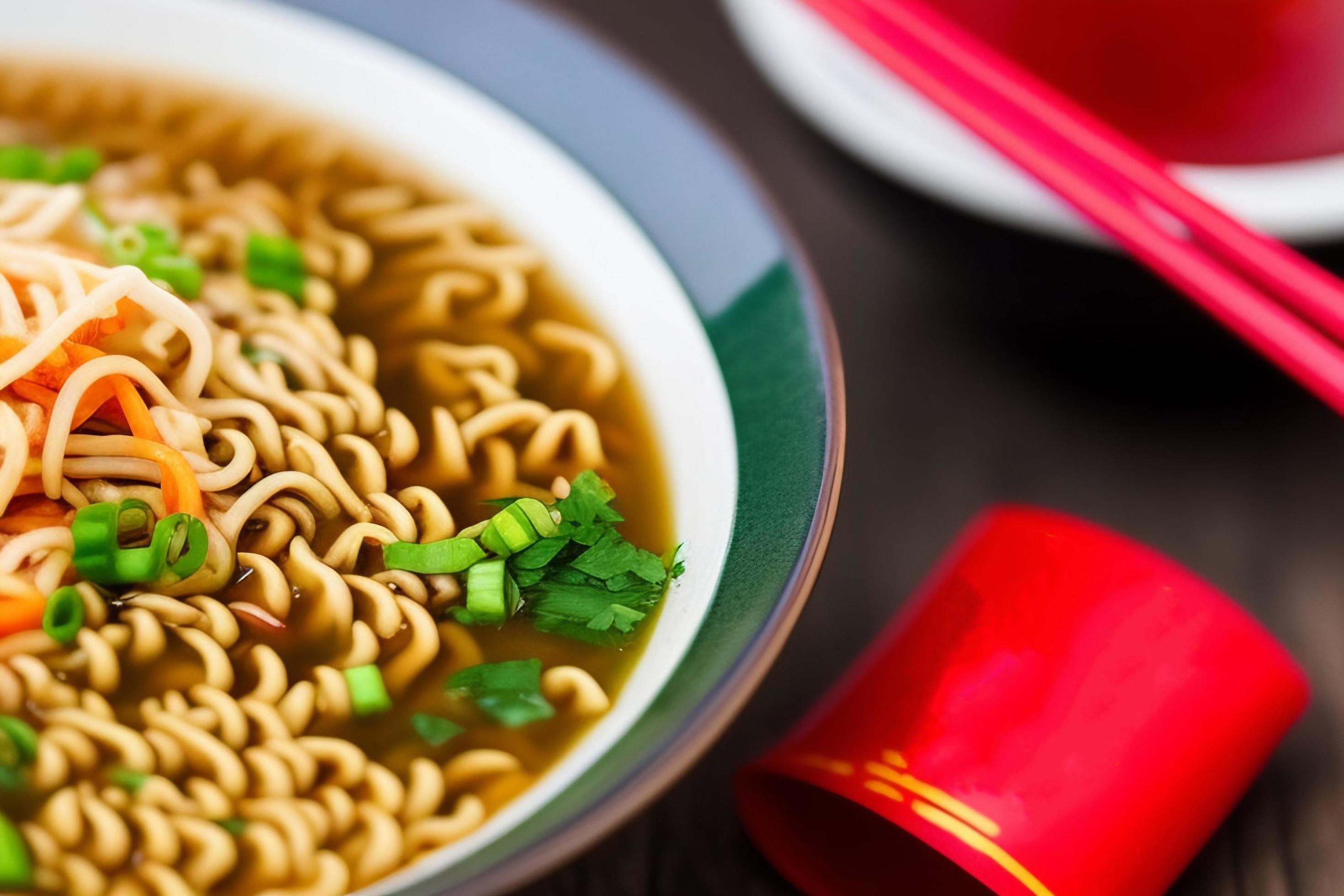 Delicious noodles. Fast food meal with appetizing pasta and chopsticks. Stock Free