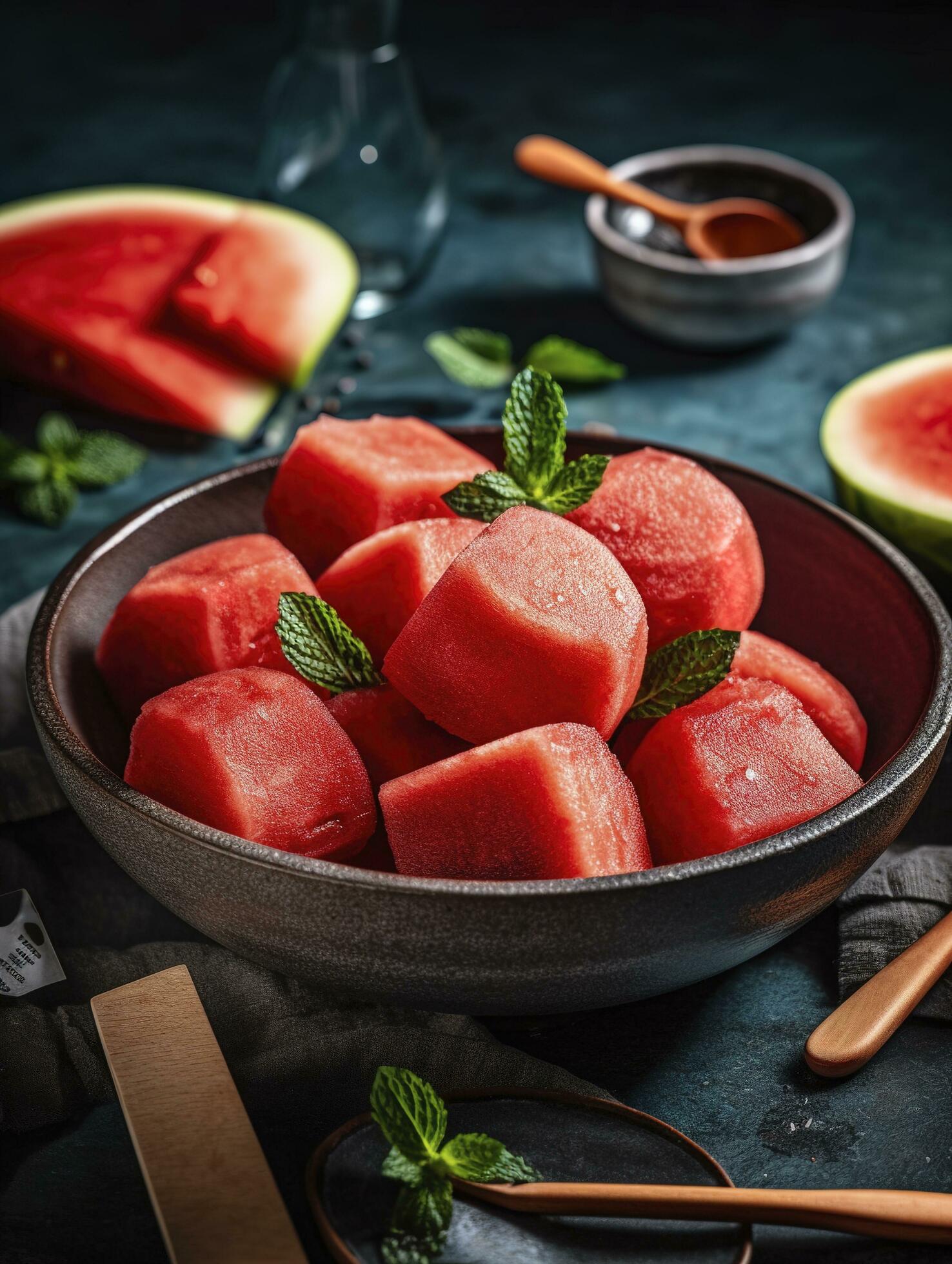 Healthy watermelon popsicles on a plate. Top view on a rustic white wood background. Summer food concept, generate ai Stock Free