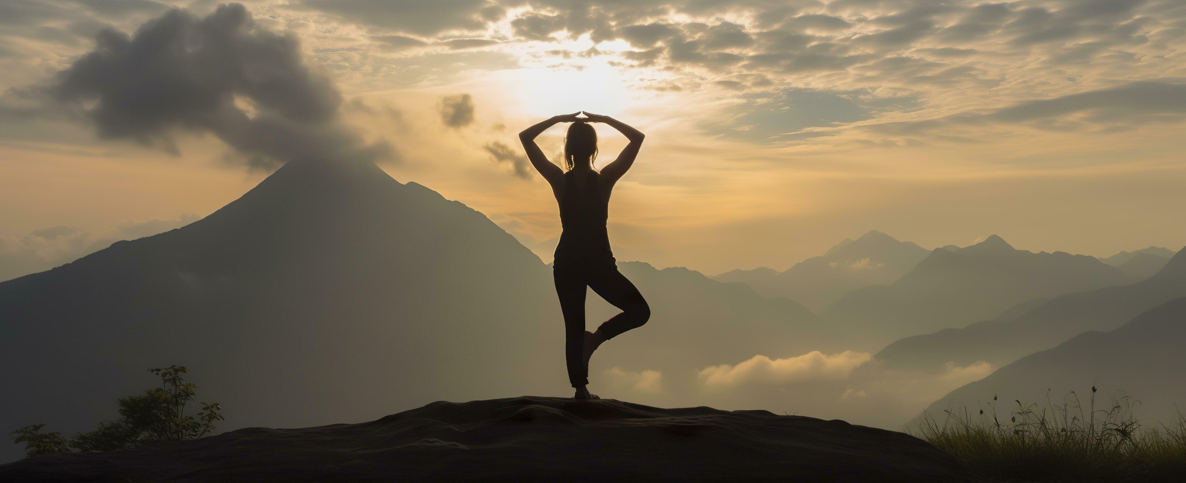 AI generated silhouette of a woman practicing yoga in the summit with mountain Background. AI Generated Stock Free