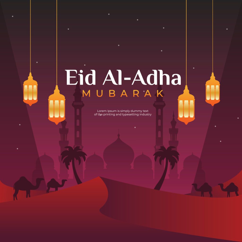 Eid Al Adha Mubarak Islamic Festival Background Design Template with night theme Free Vector