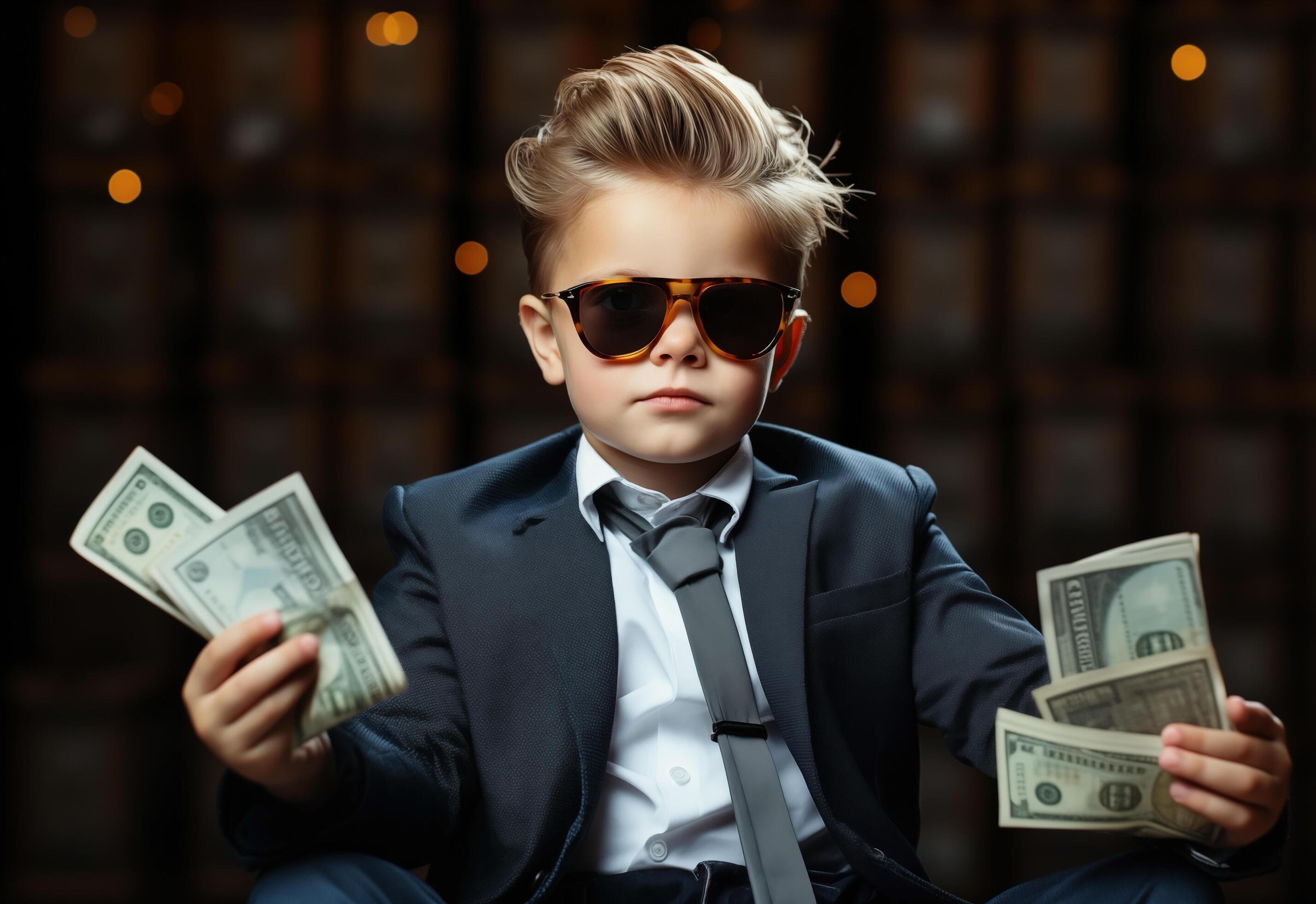 A young boy dressed in a business suit, confidently holds a stack of money. . Stock Free