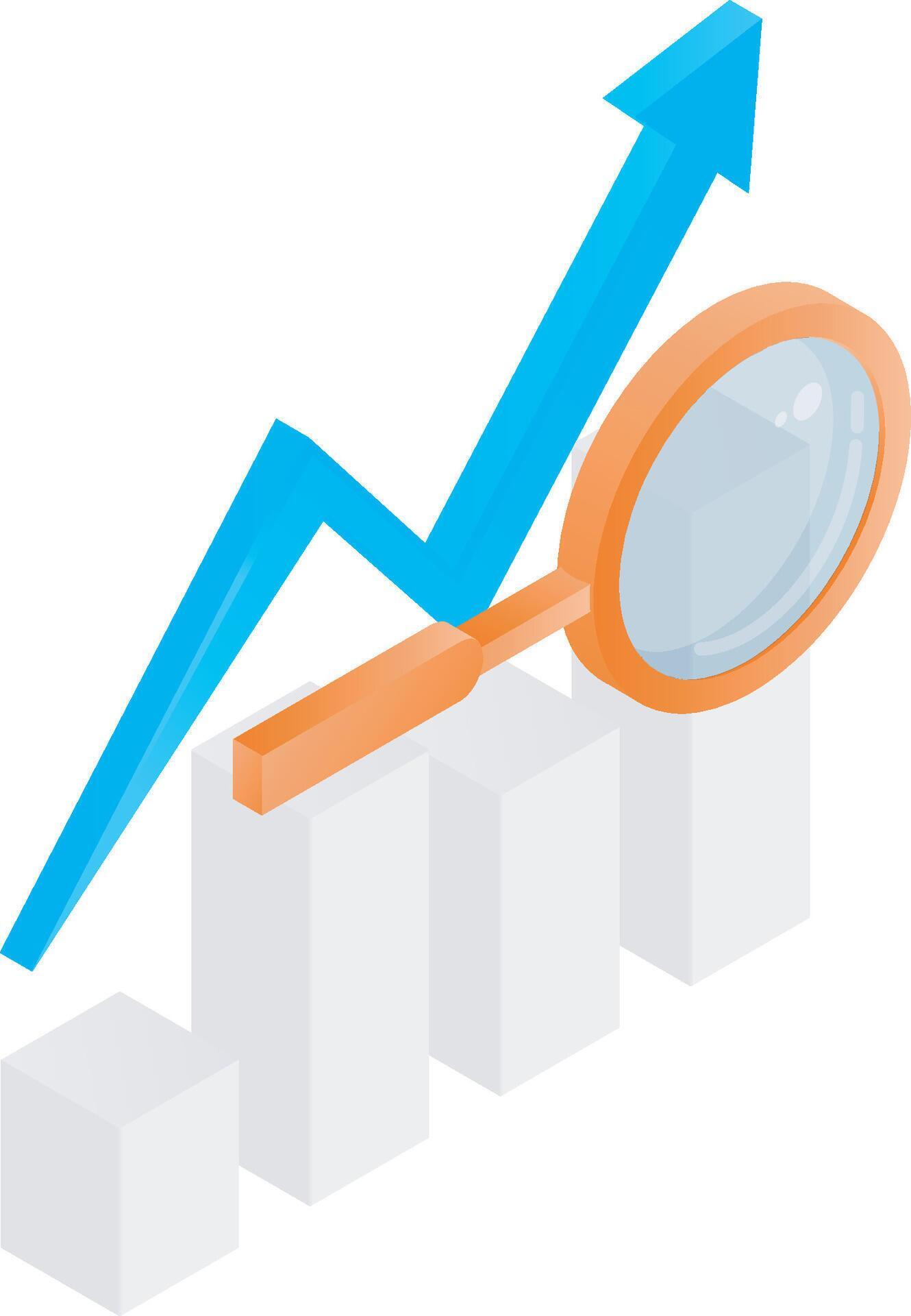 Statistics data with arrow up and magnifying glass of isometric style Stock Free