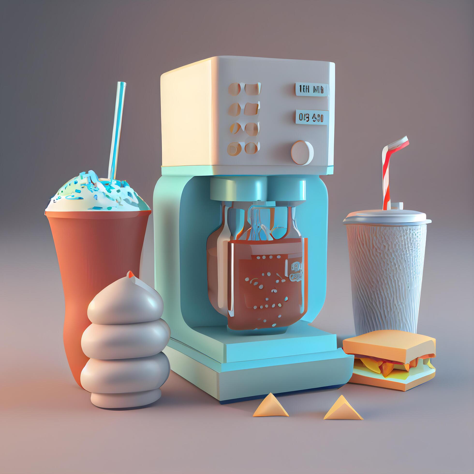 Coffee machine and fast food, 3d rendering. Computer digital drawing. Stock Free