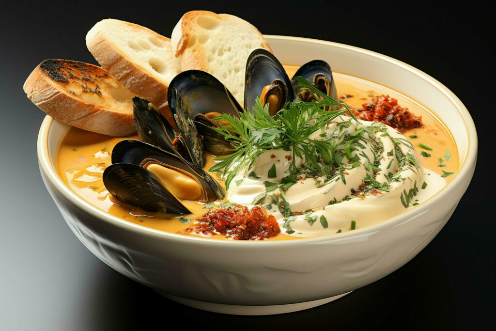 A delicious bouillabaisse soup food in a bowl. Marseille food and healthy protein soup meal concept by AI Generated Stock Free