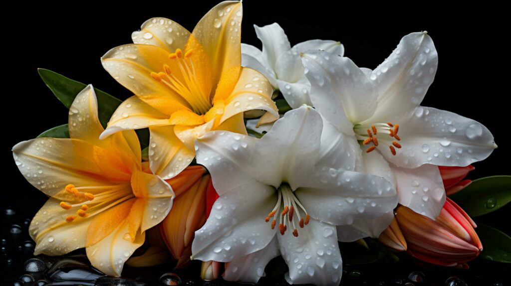 Bouquet of lilies on a black background with water drops Free Photo