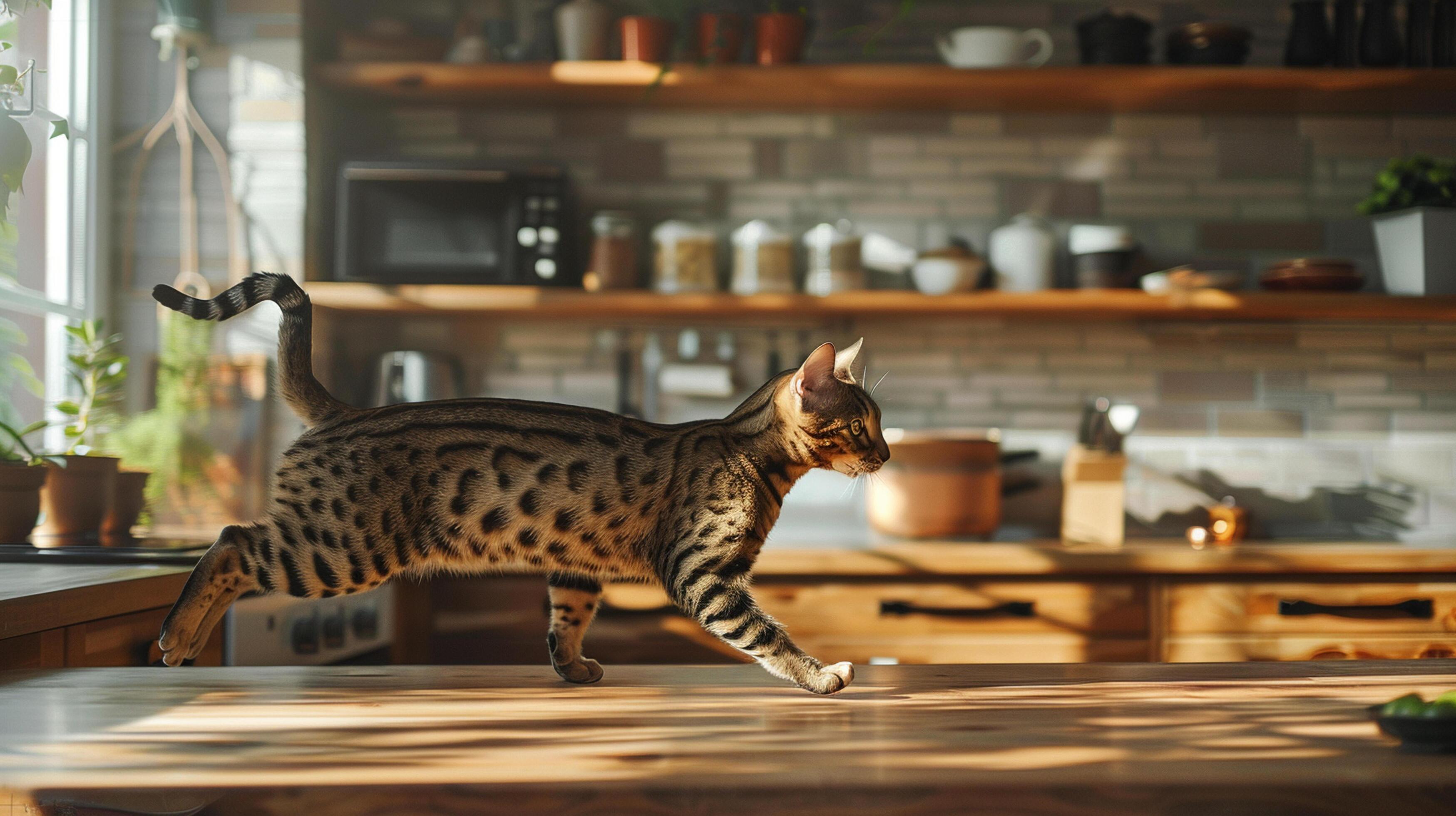 Lifestyle portrait photography of a ocicat running against a modern kitchen Stock Free