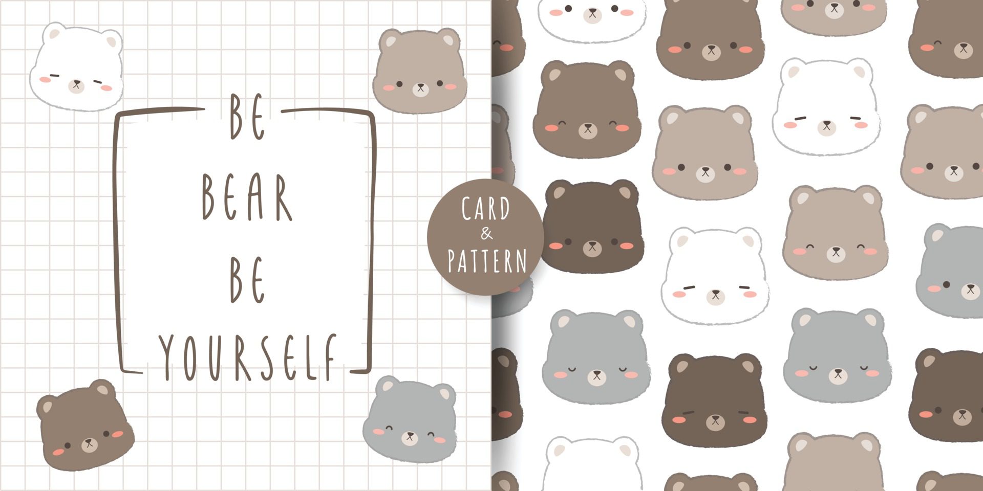 Cute chubby teddy bear and polar bear head cartoon doodle card and seamless pattern bundle Free Vector