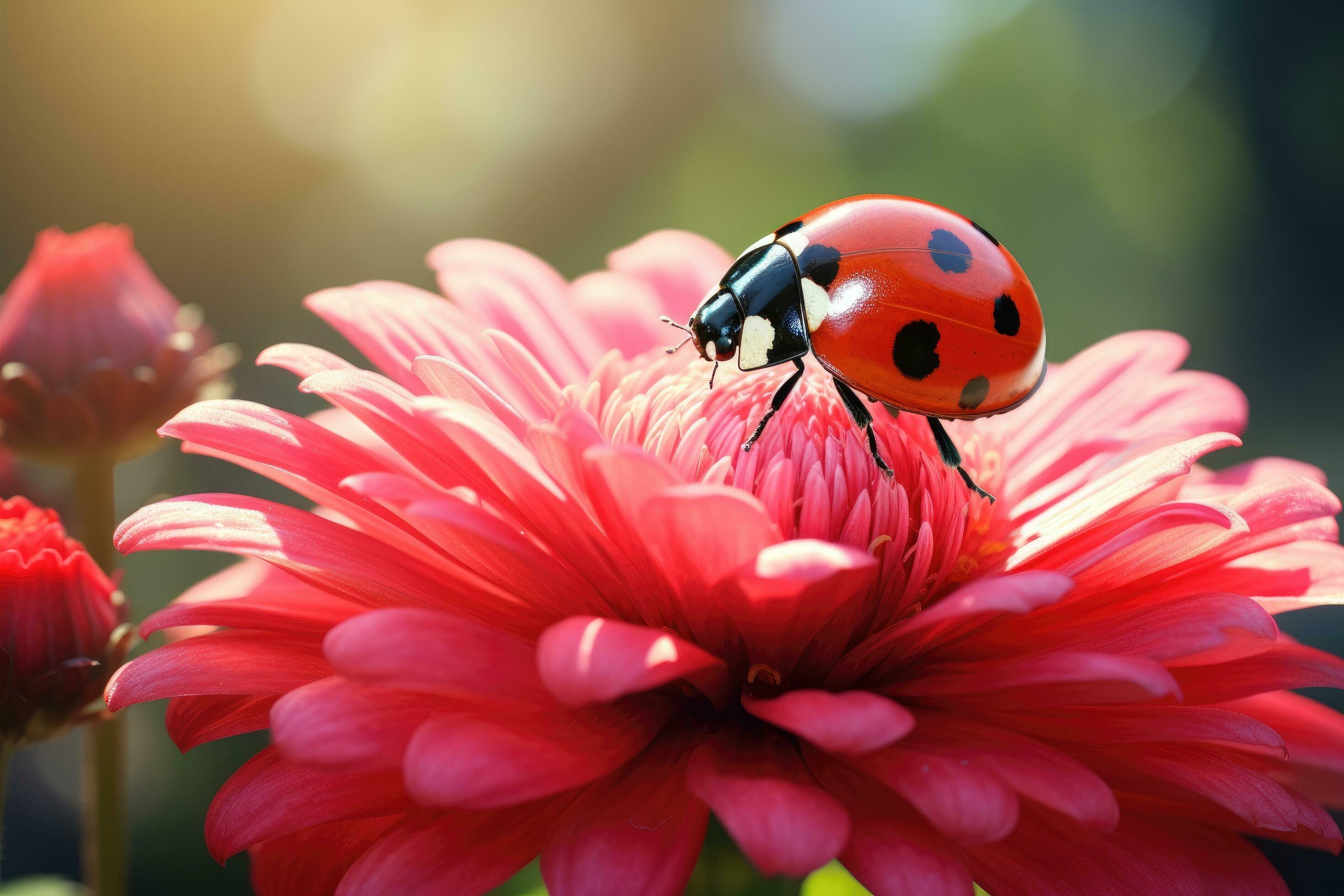 ladybug on red flower, ladybug on red flower, ladybug on red flower, A ladybug sitting on a red flower on blurred background, AI Generated Stock Free