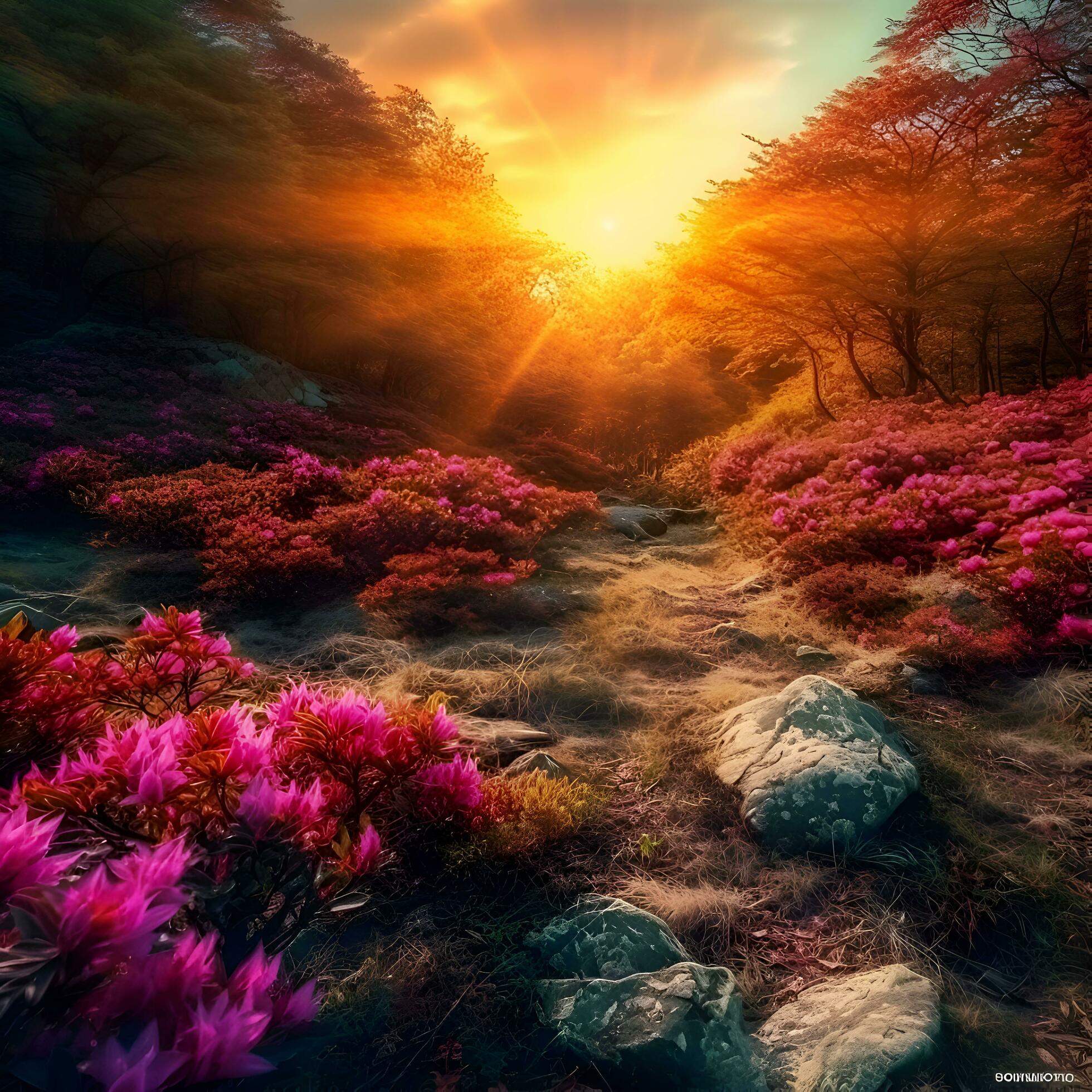 Sunset in the forest. Landscape with colorful flowers. Digital painting. Stock Free